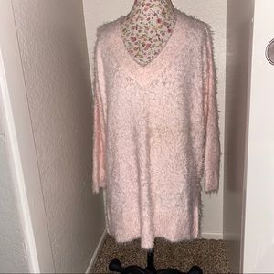 Blush pink fuzzy V-neck sweater